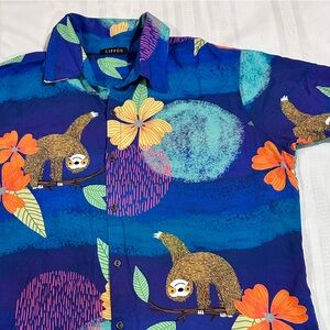 Sloth print shirt button down short sleeve bright colors men’s XL made in Brazil